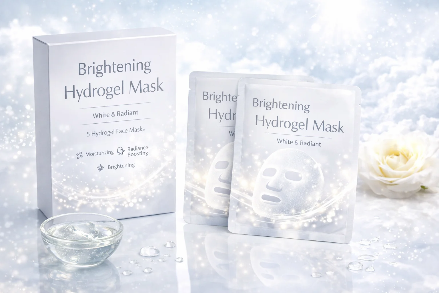 Brightening Hydrogel Mask set includes box and pouches on a sparkly, radiant background with a white rose and small glass bowl.